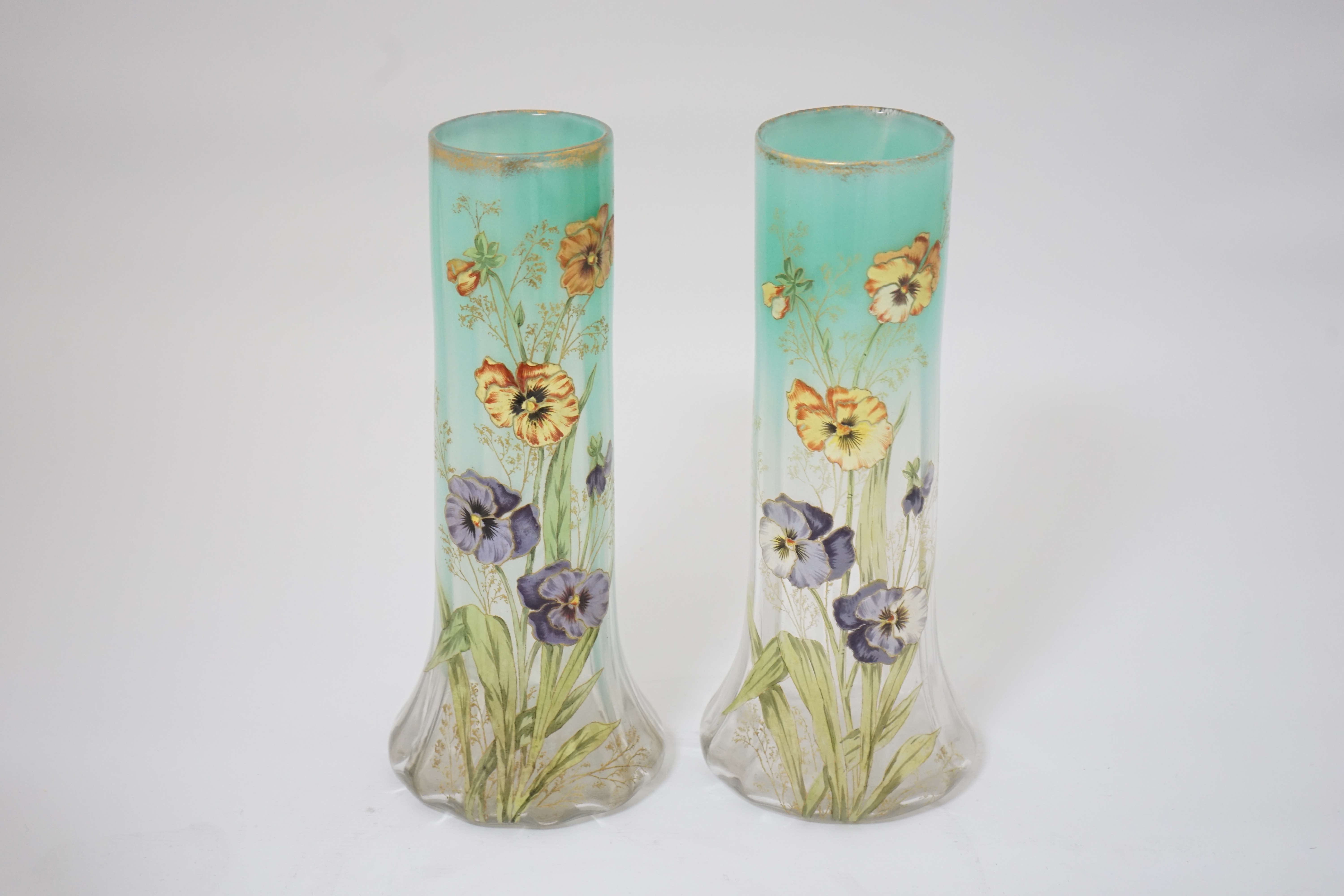 A pair of Bohemian ‘pansy’ enamelled glass vases, Moser, late 19th century, 29.8cm